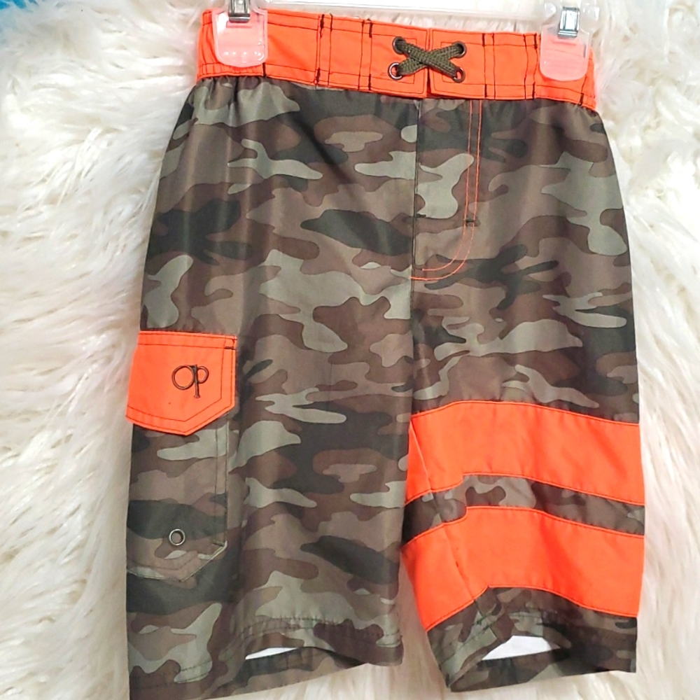 Boys Op camouflage and bright neon orange size 6/7 small swim trunks